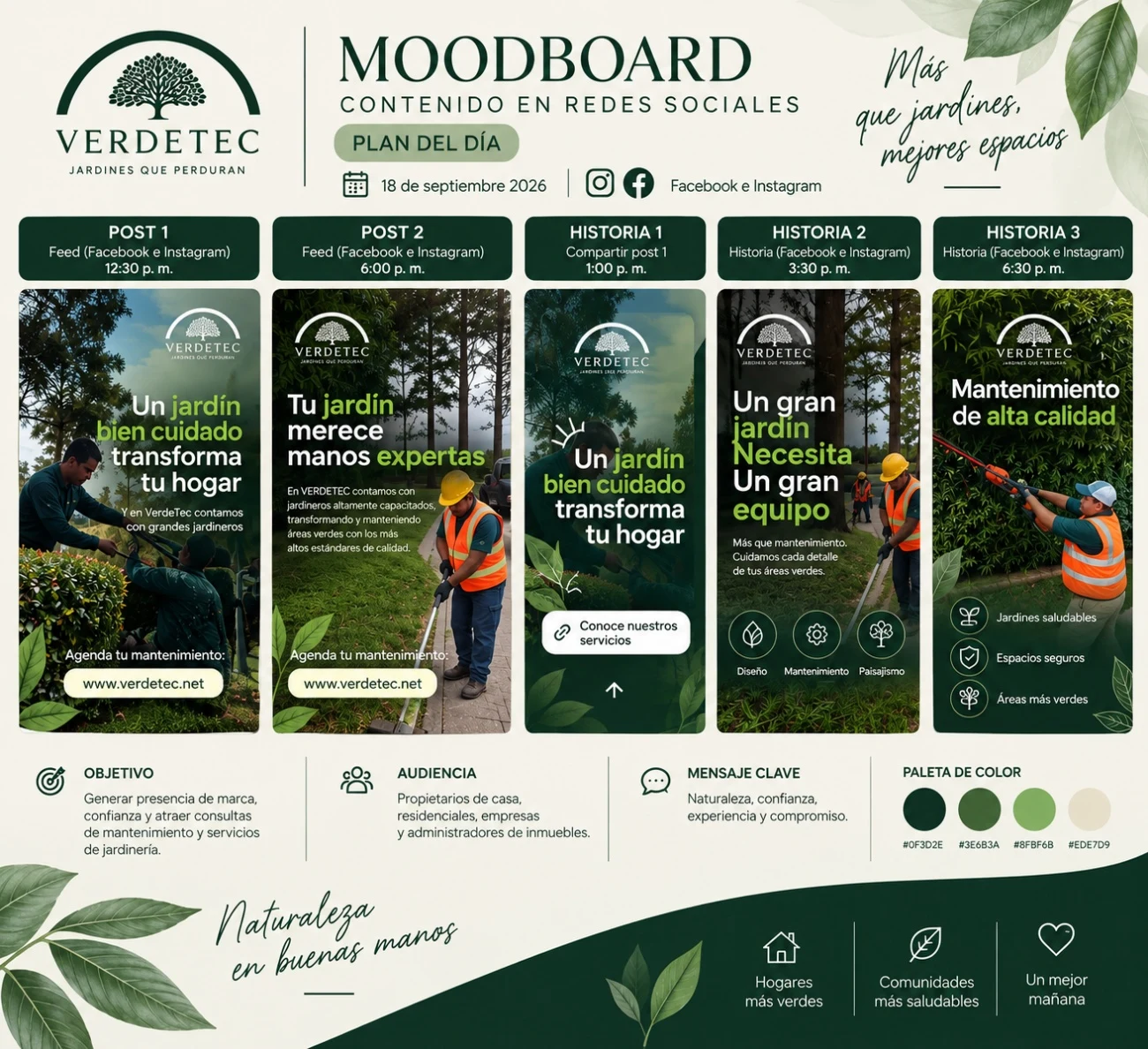 VerdeTec social media moodboard with service posts and brand colours