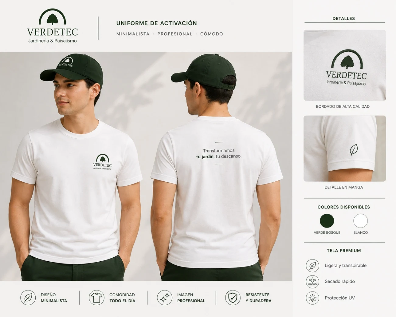 VerdeTec uniform design mockup showing front and back