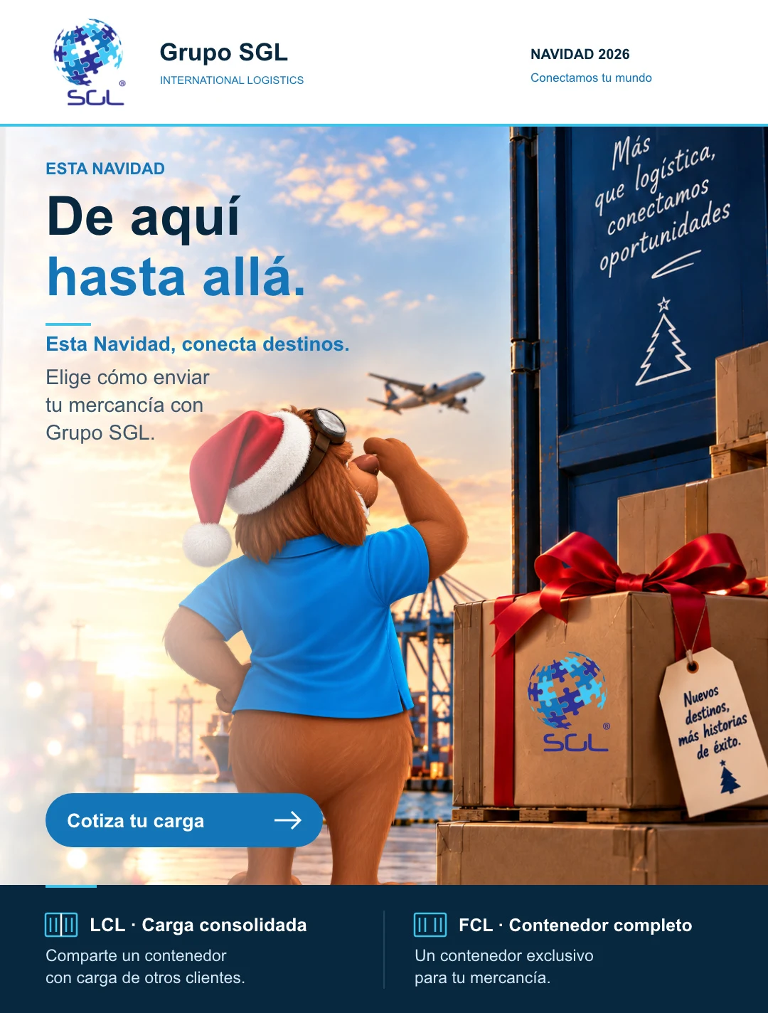 SGL Christmas shipping promotion with mascot and parcels